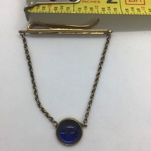 Vintage Marked Kreisler Tie Clip Blue Moonglow Lucite Cabachon Gold Tone Metal